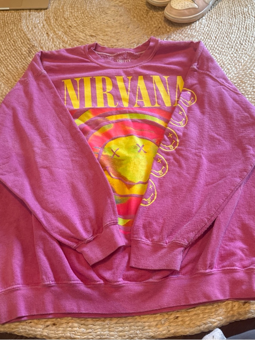 NIRVANA Pink Crewneck with Yellow & Orange Graphic